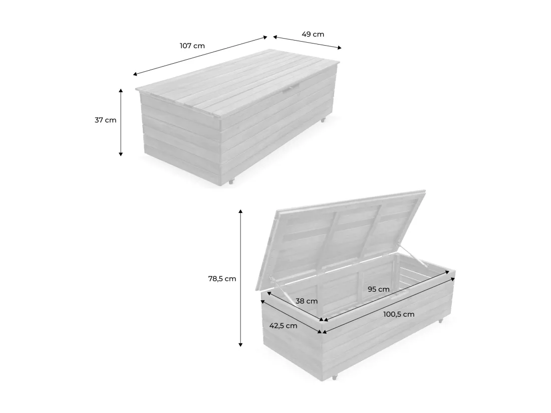 Coffre de jardin en bois - Saragosse - 130L. rangement coussins 107x48.5cm avec vérins et roulettes