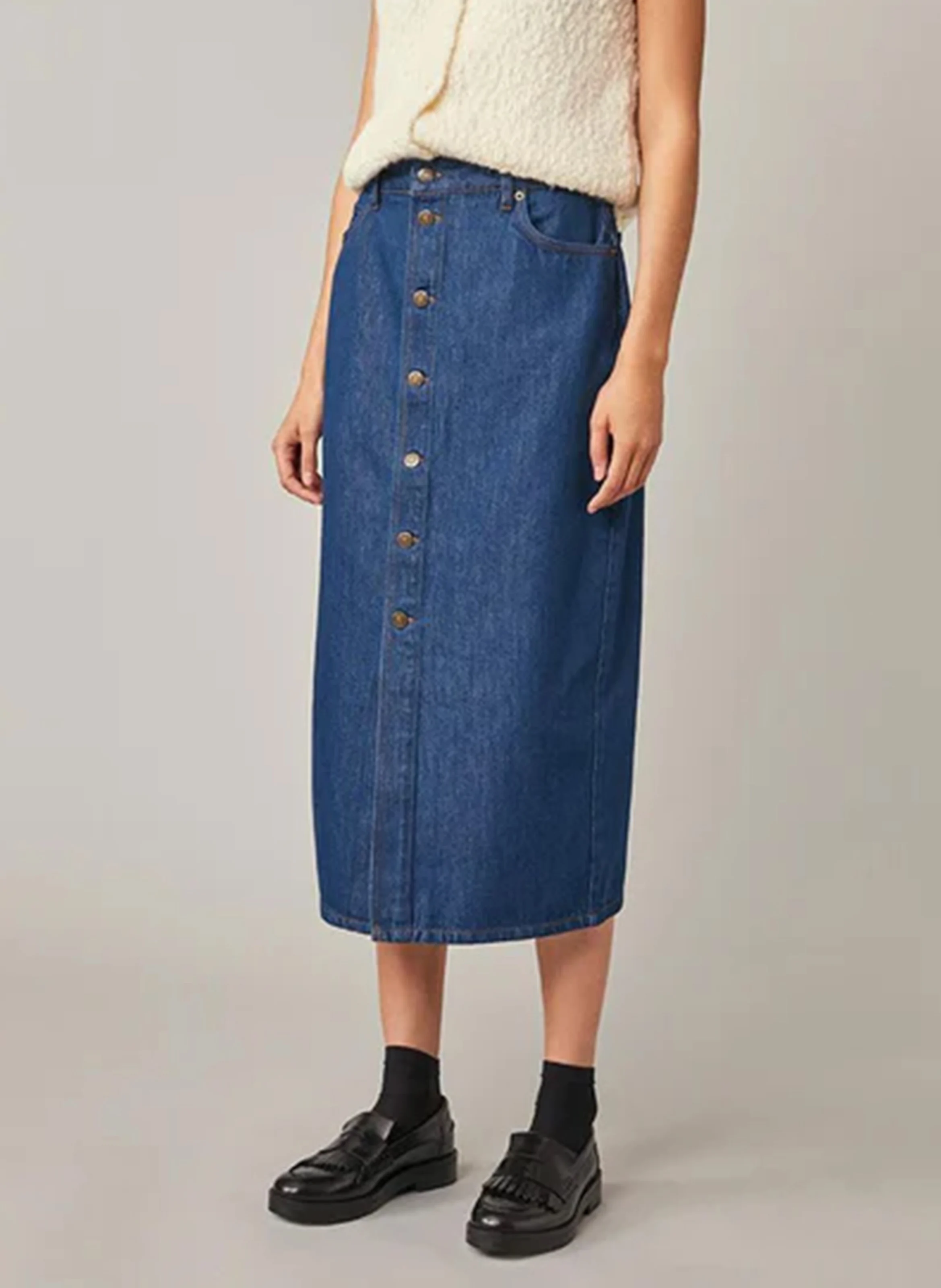 FELICIA - Jupe midi droite en denim de coton mélangé | Bleu