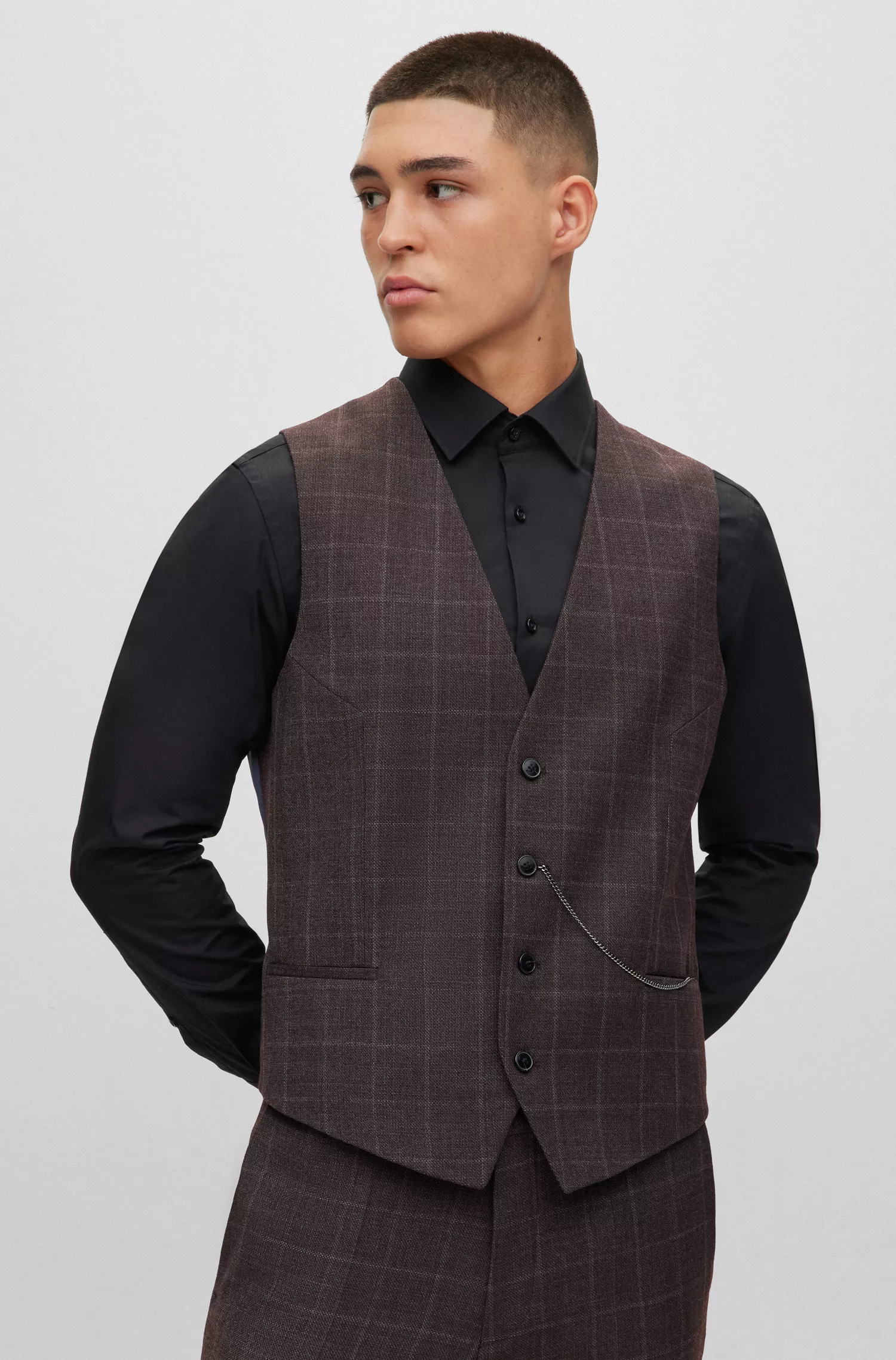 Terno HUGO vermelho, extra slim fit, em mistura de lã xadrez.
