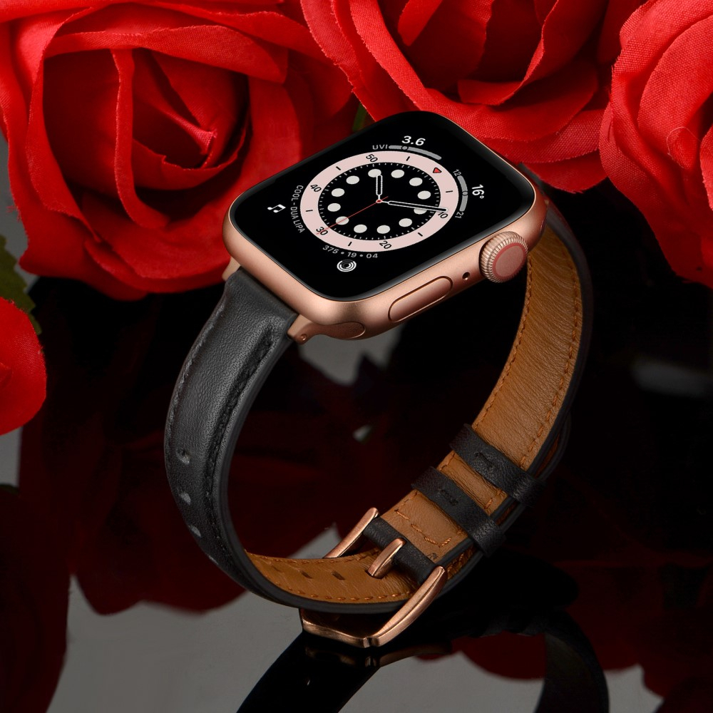 Apple Watch (49/46/45/44 mm) Echtleder Ersatz Armband mit Dornschliesse (Gelenkumfang 160-226 mm) - Schwarz / Roségold