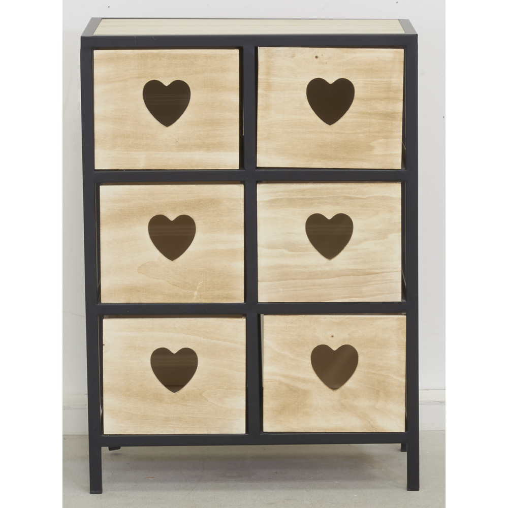 Commode 6 tiroirs en bois naturel coeur 2 x 3 tiroirs