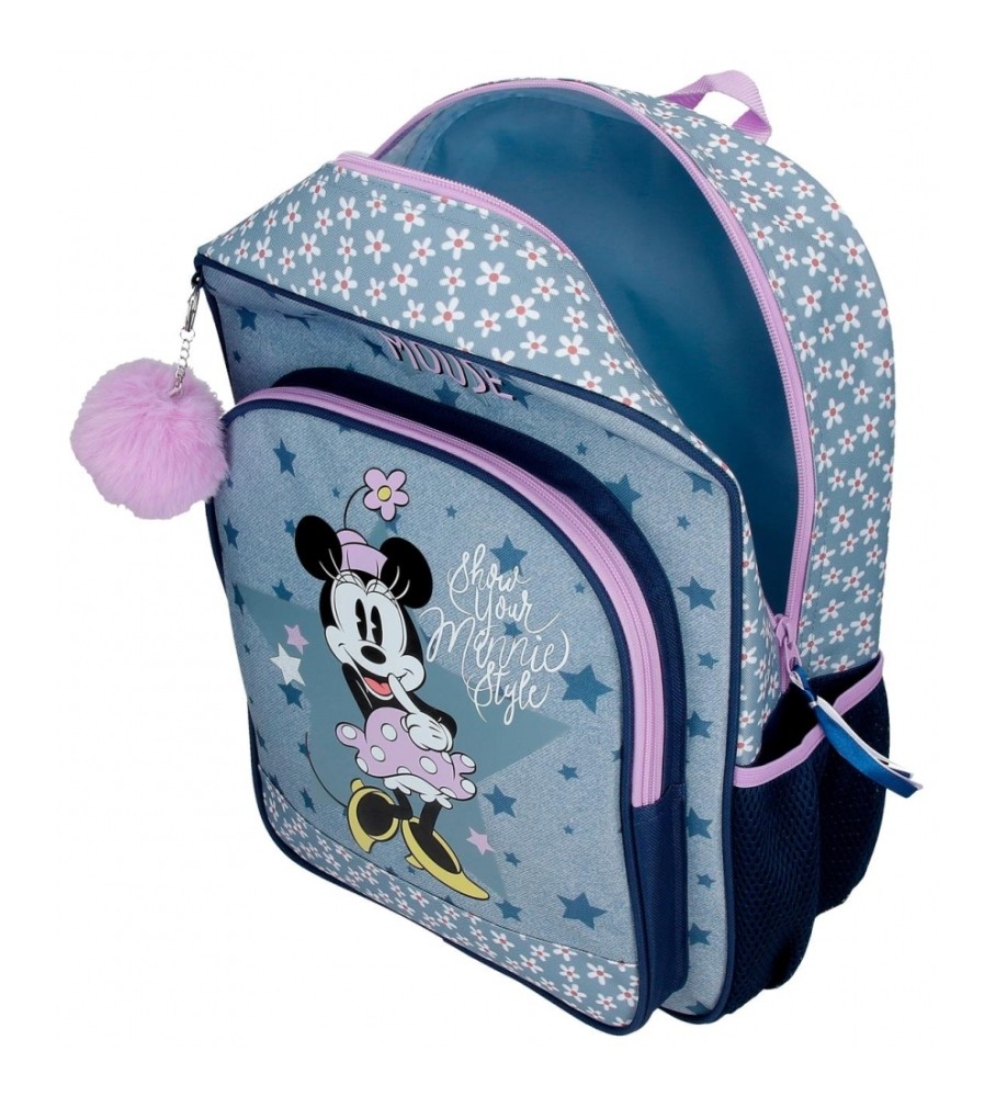 Mochila escolar estilo Minnie da Disney com rodinhas azuis, 30x40x13cm