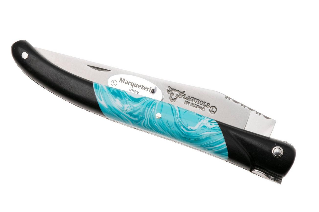 Laguiole en Aubrac Ebony, Larimar Inlay, Handcarved Plates, zakmes, 12 cm
