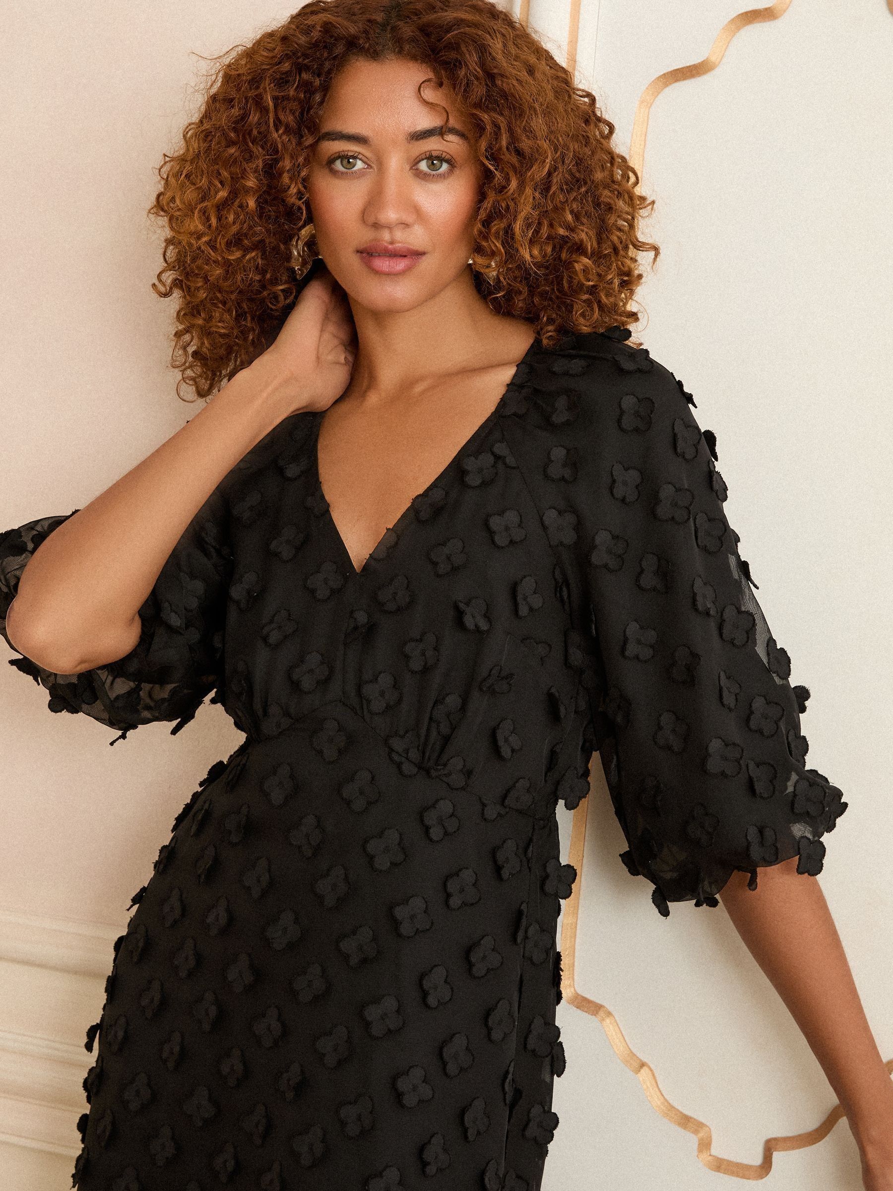 Zwart - Love & Roses 3D Bloemen V-hals midi-jurk met pofmouwen