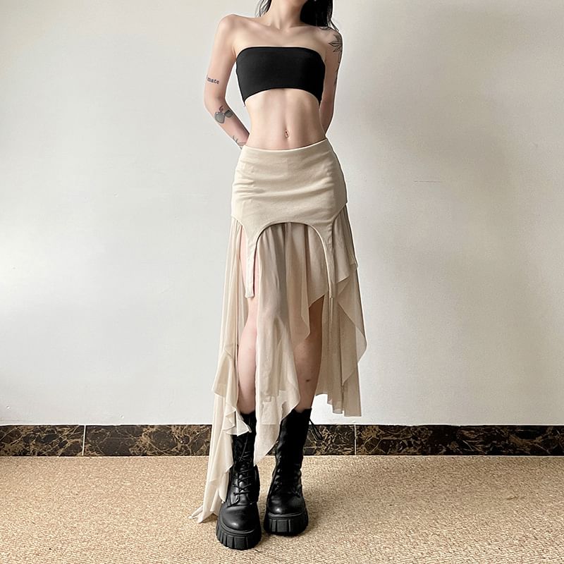 Sugarcoat - A-lijn rok met effen, asymmetrische panelen en mesh, middelhoge taille