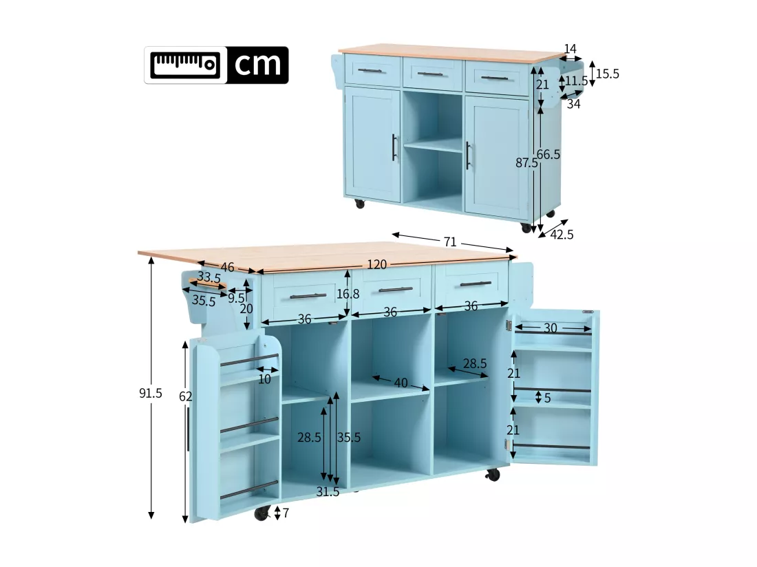 Ilot central de cuisine mobile avec 2 portes et 3 tiroirs - plateau extensible - 129x46/71x91,5 cm - Bois MDF + métal - Bleu + naturel