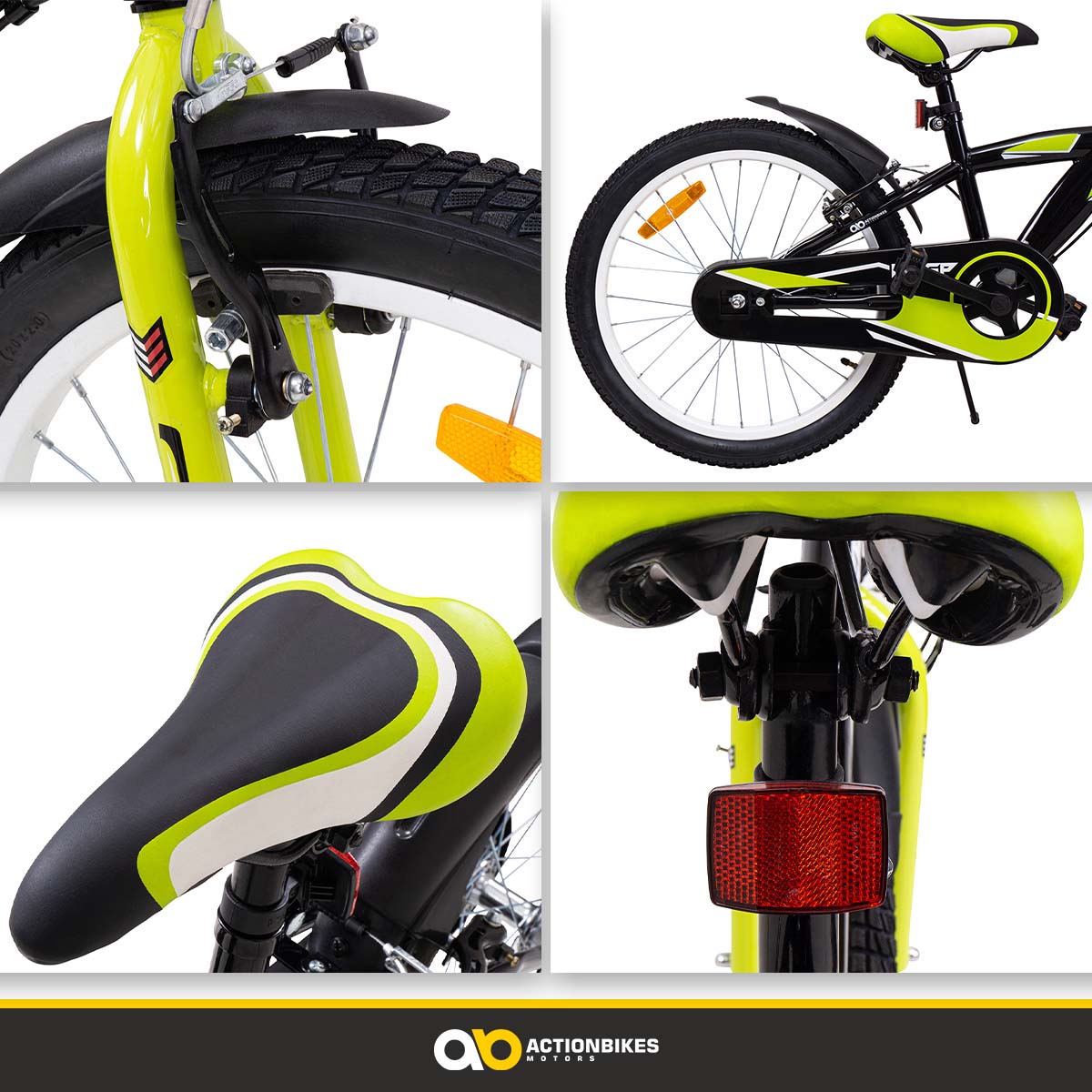 Actionbikes Kinderfahrrad Wasp 20 Zoll, Fahrradständer, Schutzbleche, verstellbar, V-Brake-Bremsen (Schwarz-Grün)