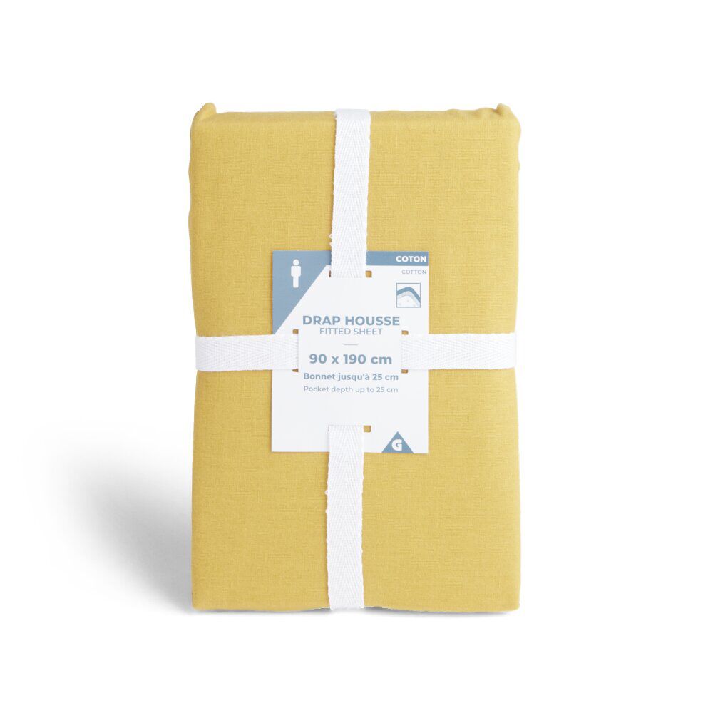 Drap housse 90x190cm 100% coton jaune moutarde