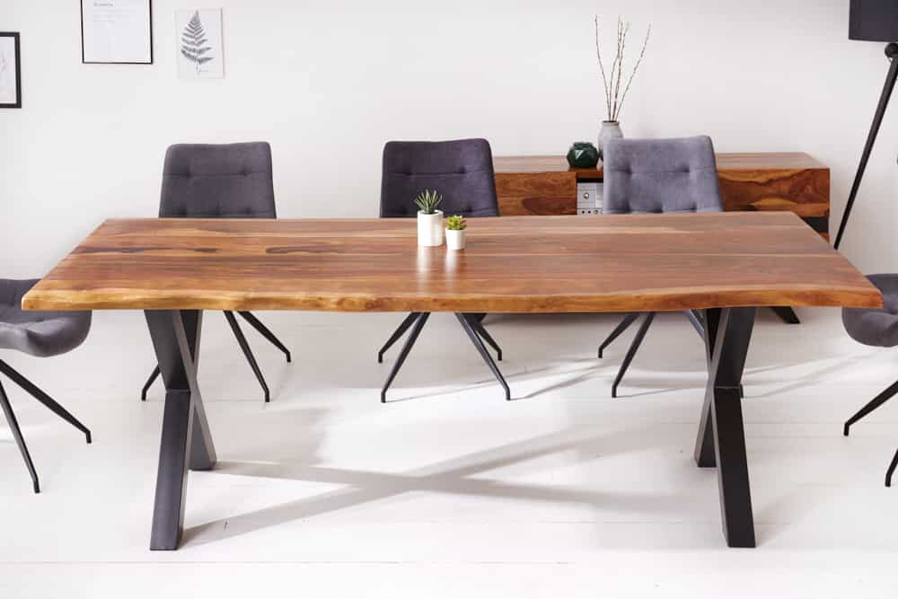 Massivholz Baumkanten Esstisch AMAZONAS 180cm braun Sheesham schwarze Metallbeine
