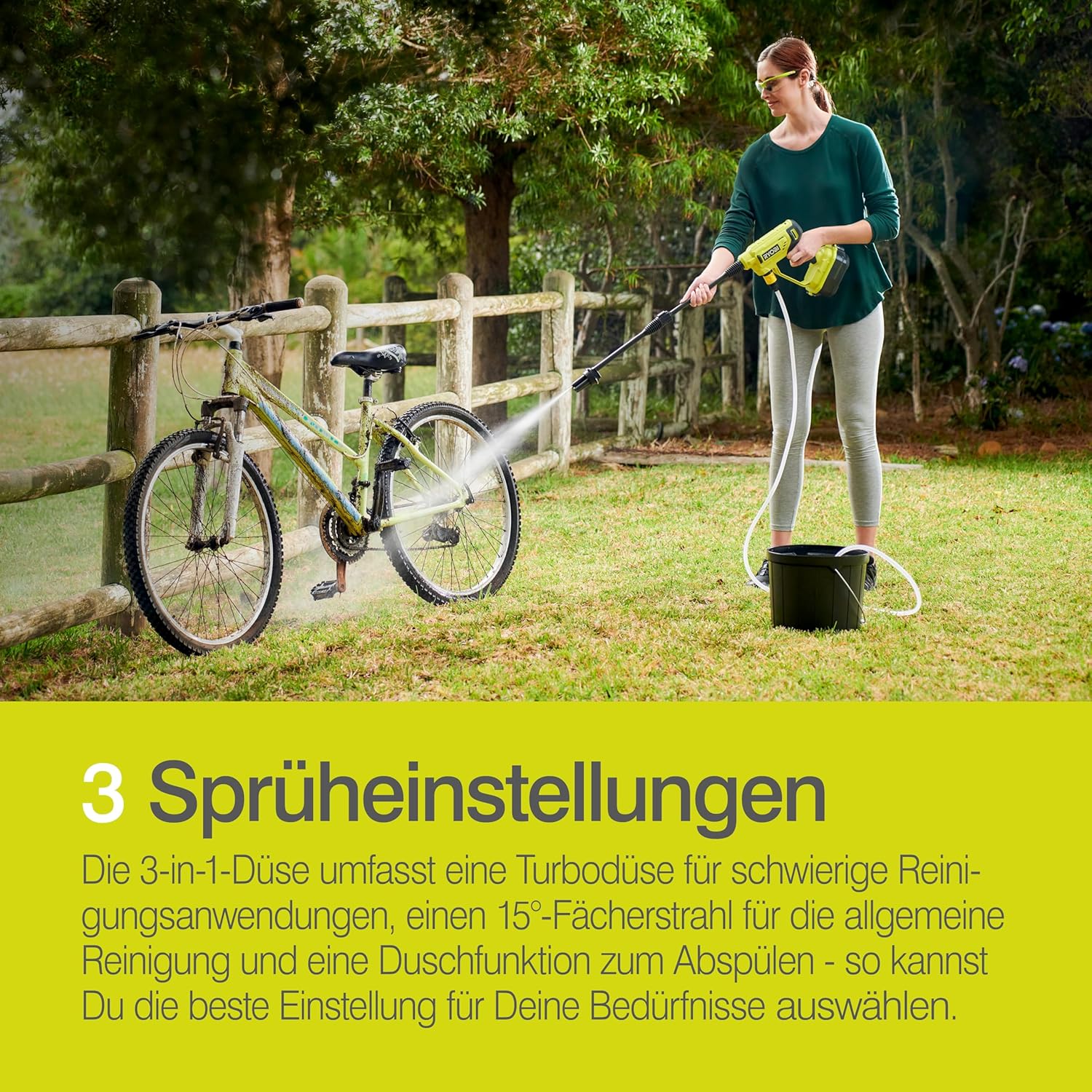 RYOBI 18 V ONE+ Akku-Mitteldruckreiniger RY18PW22A-125 (Reinigen von Fahrzeugen/Oberflächen, max. Druck 22bar, Fördermenge 182 l/h, 3-in-1 Düse, inkl. 6m Schlauch, 1x2,5Ah Akku & Ladegerät, im Karton)