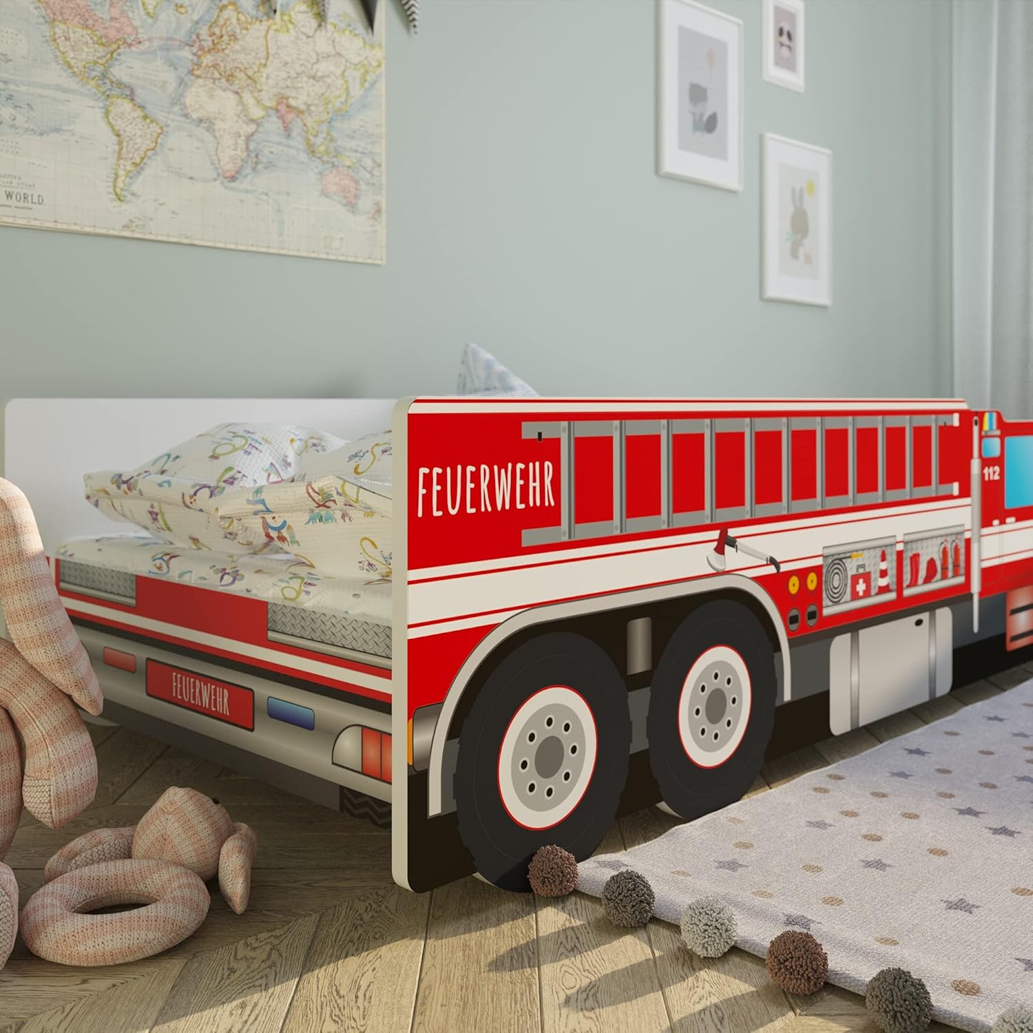 Kids Collective Autobett Kinderbett Jugendbett 70x140 | 80x160 cm mit Rausfallschutz & Matratze | Feuerwehr Feuerwehrauto Feuerwehrmann Kinder Spielbett