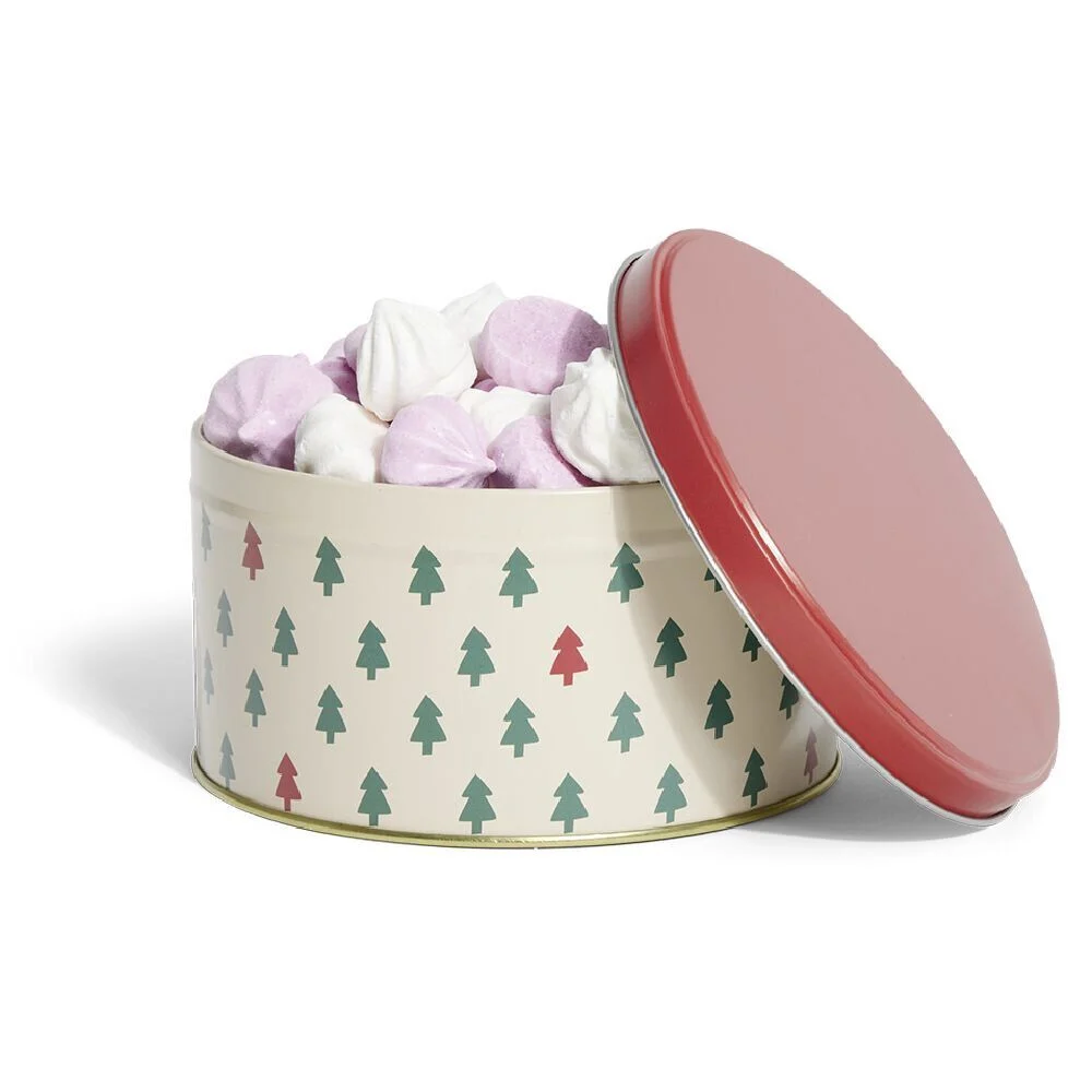 Boîte ronde en métal Ø13,5cm motif sapin vert et rouge