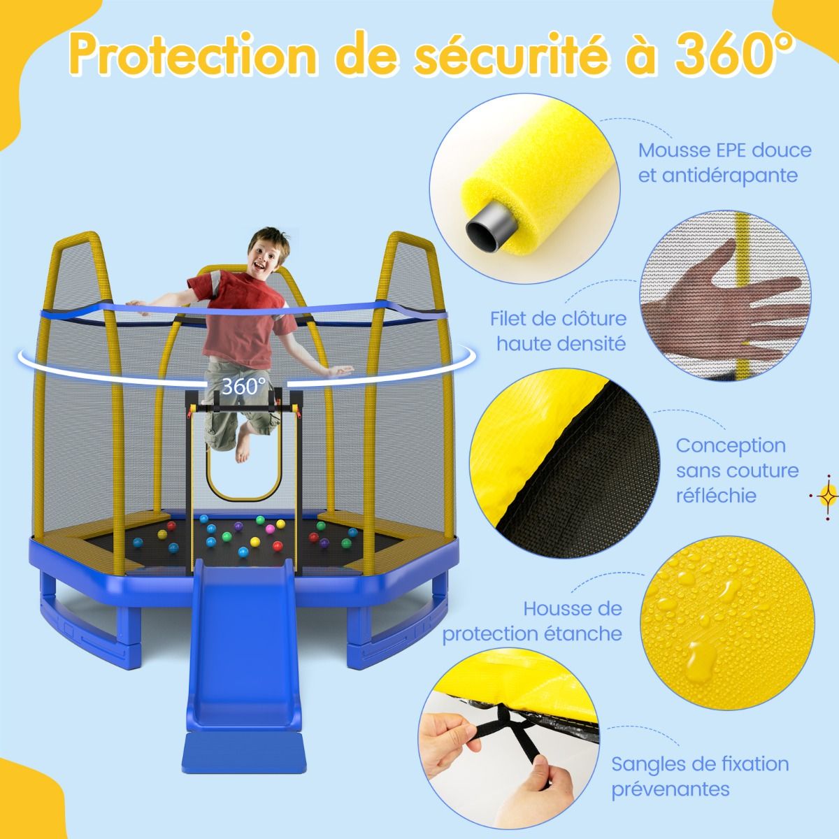 Trampoline Extérieur Ø 223cm avec Toboggan&Echelle avec Filet de Sécurité 2 Portes en U Charge 270kg pour 2-3 Enfants de 3 Ans+ Bleu/Vert - Lidl-Manfred