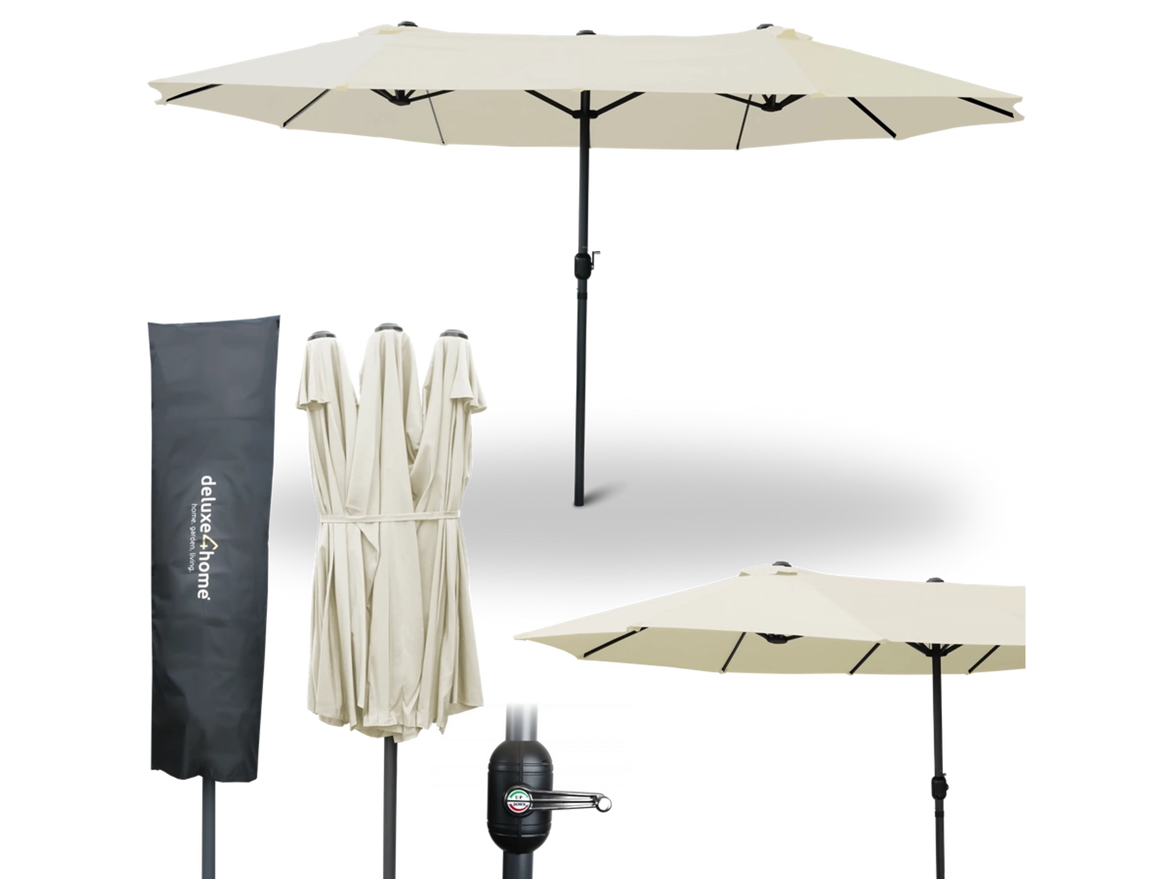 deluxe4home XXL Doppelsonnenschirm 450cm x 260cm mit Handkurbel Creme