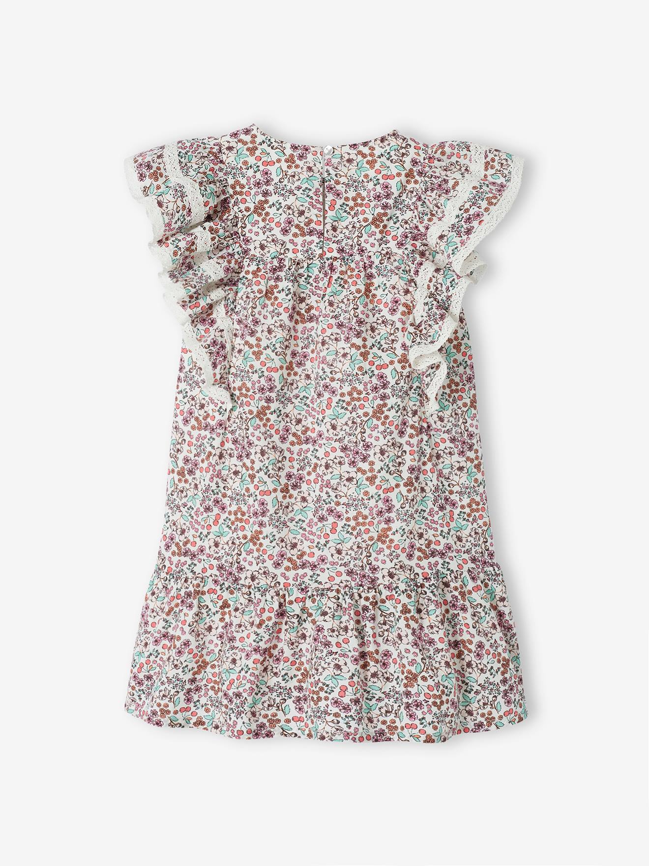 Vestido infantil com estampa de flor de cerejeira e mangas com babados, na cor cru.