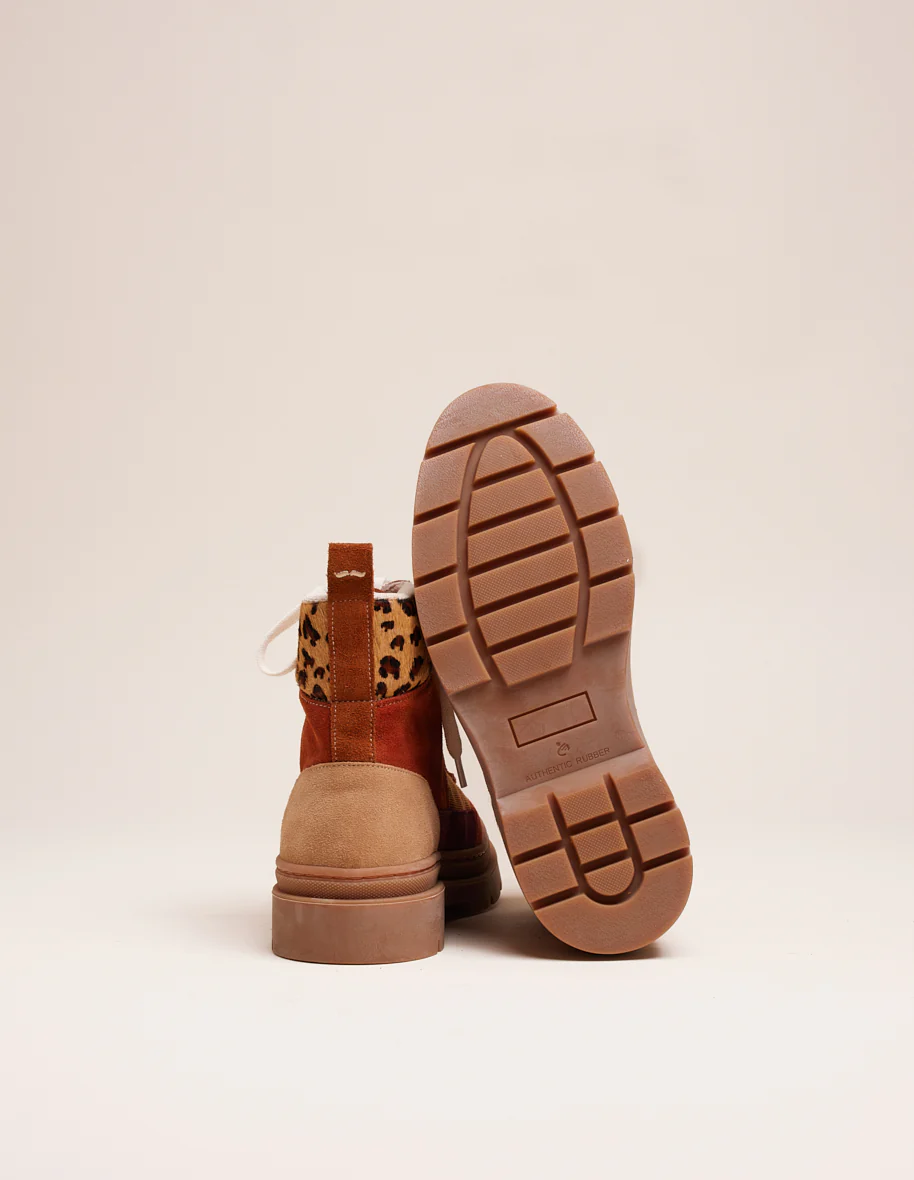 Bottines à lacets Joelle - Suède et pony cognac ambre marron
