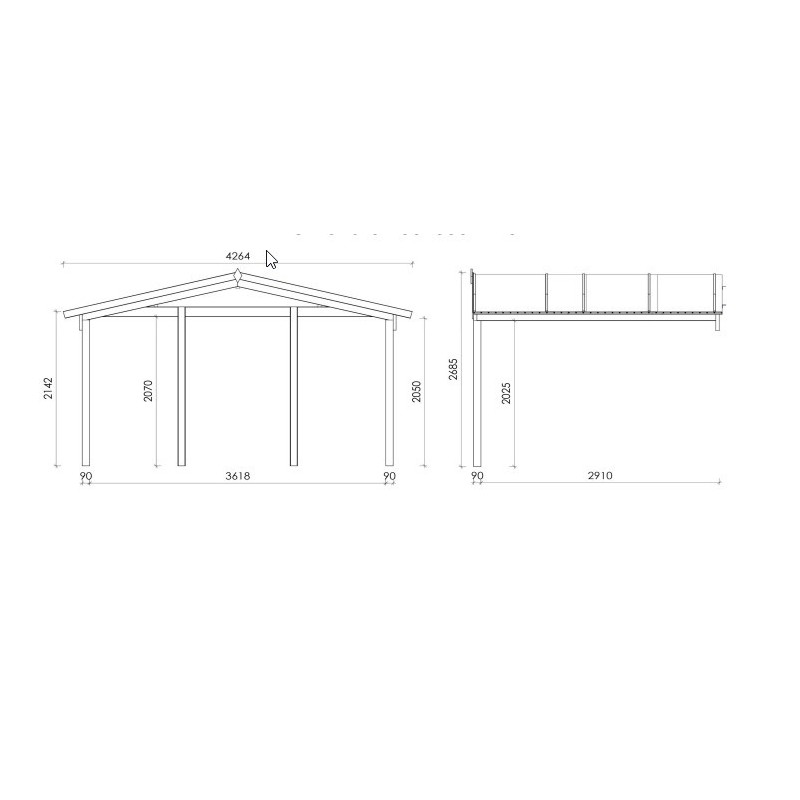 Abri de jardin en bois - 4x4 m - 28 m2 + terrasse avec balustrade et avant-toit en bois