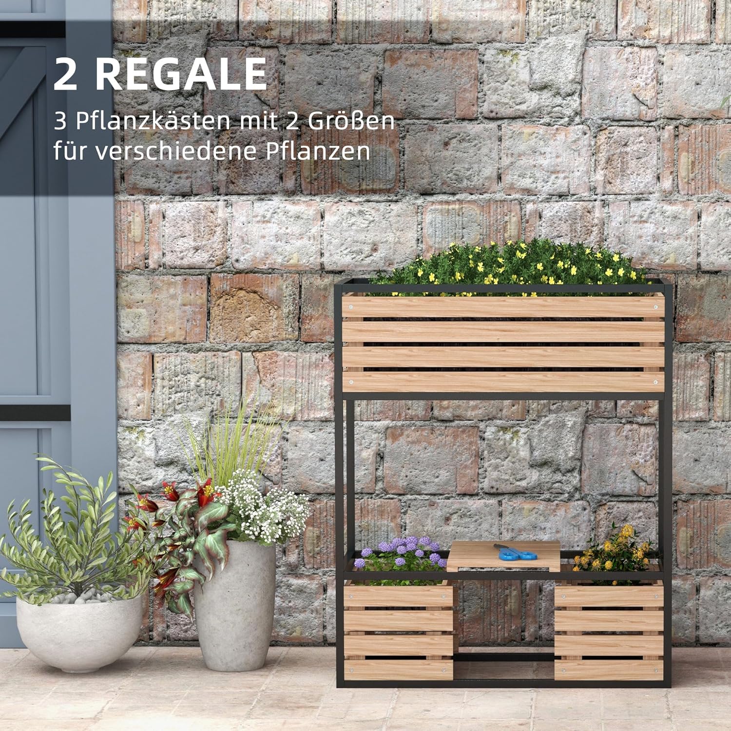 Outsunny Hochbeet aus Holz, 2-Stufiger Blumenkasten mit Ablage, Erhöhtes Gemüsebeet mit Innenvlies, Kräuterbeet für Garten, Balkon, Hellbraun, 83 x 39 x 100 cm