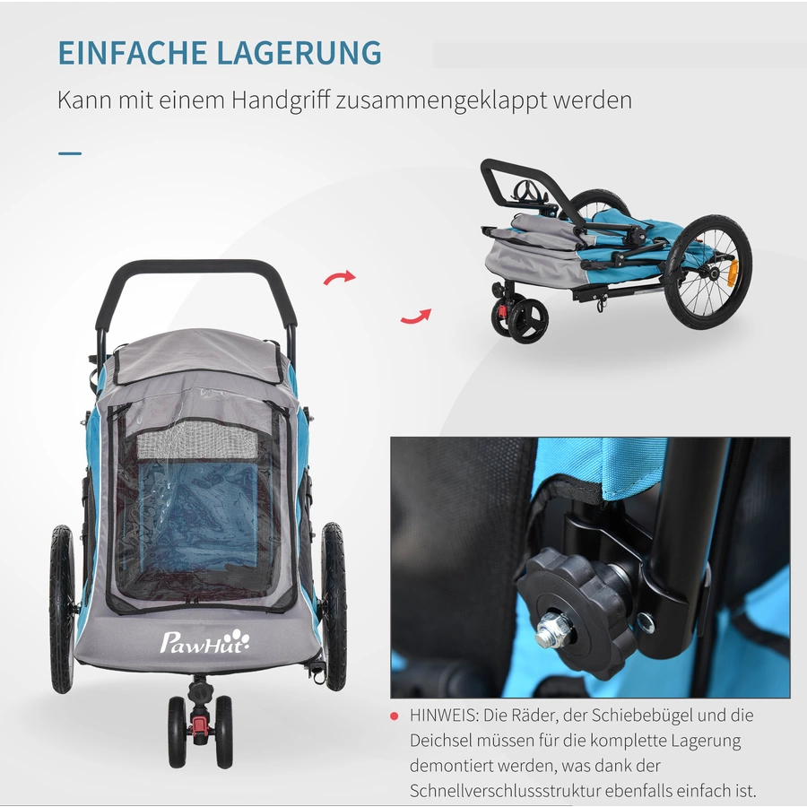 PawHut Fahrradanhänger für Hunde blau, grau, schwarz