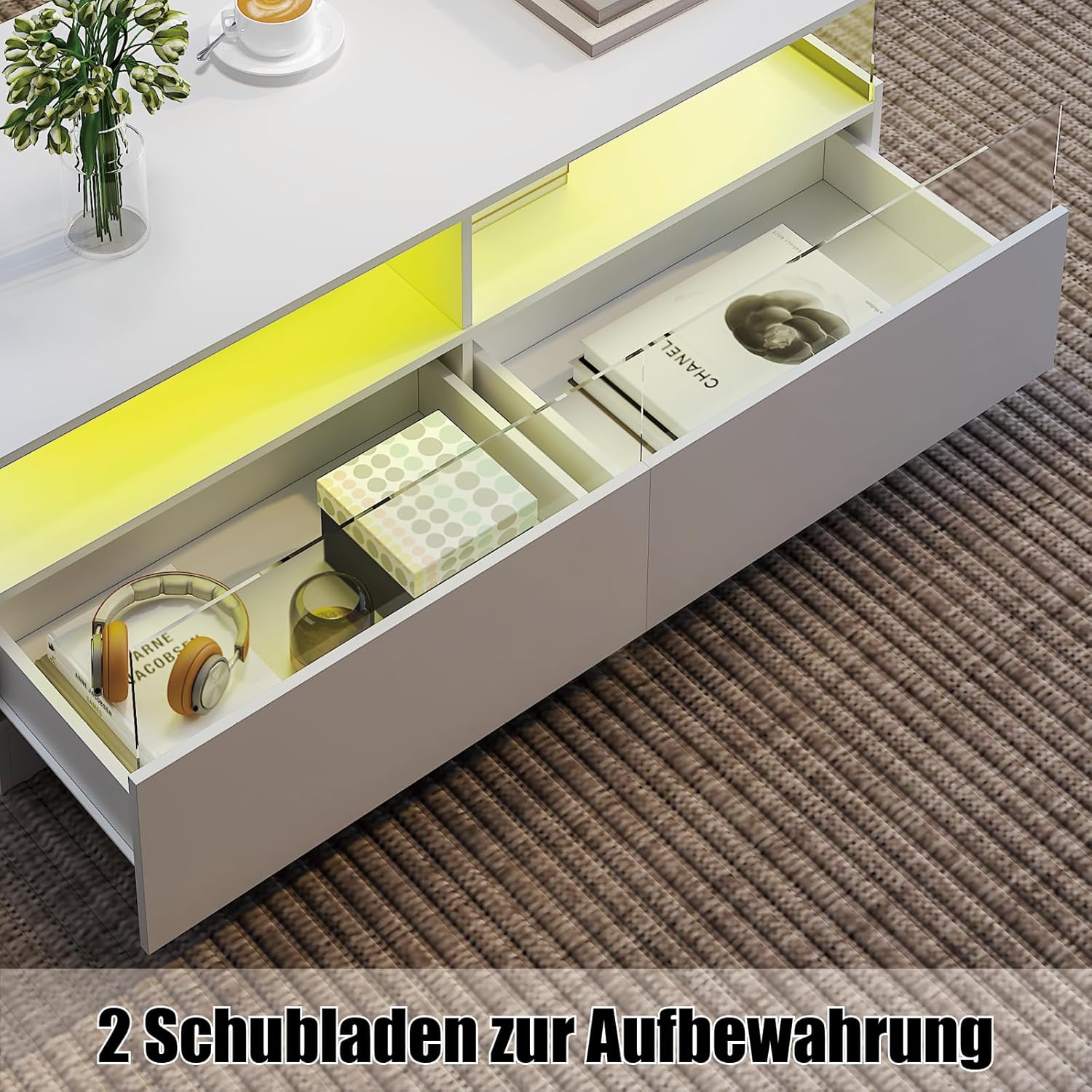 Couchtisch, Wohnzimmertisch mit 16-Farbiger LED Beleuchtung, für Wohnzimmer 108x50x40cm (Weiß)