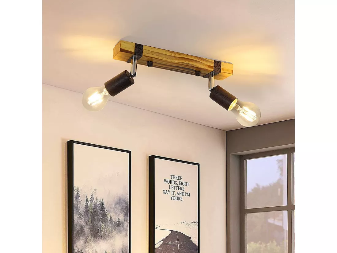 NETTLIFE Spot de plafond rétro 2 lampes dimmable avec poutre en bois, LED orientable, interchangeable