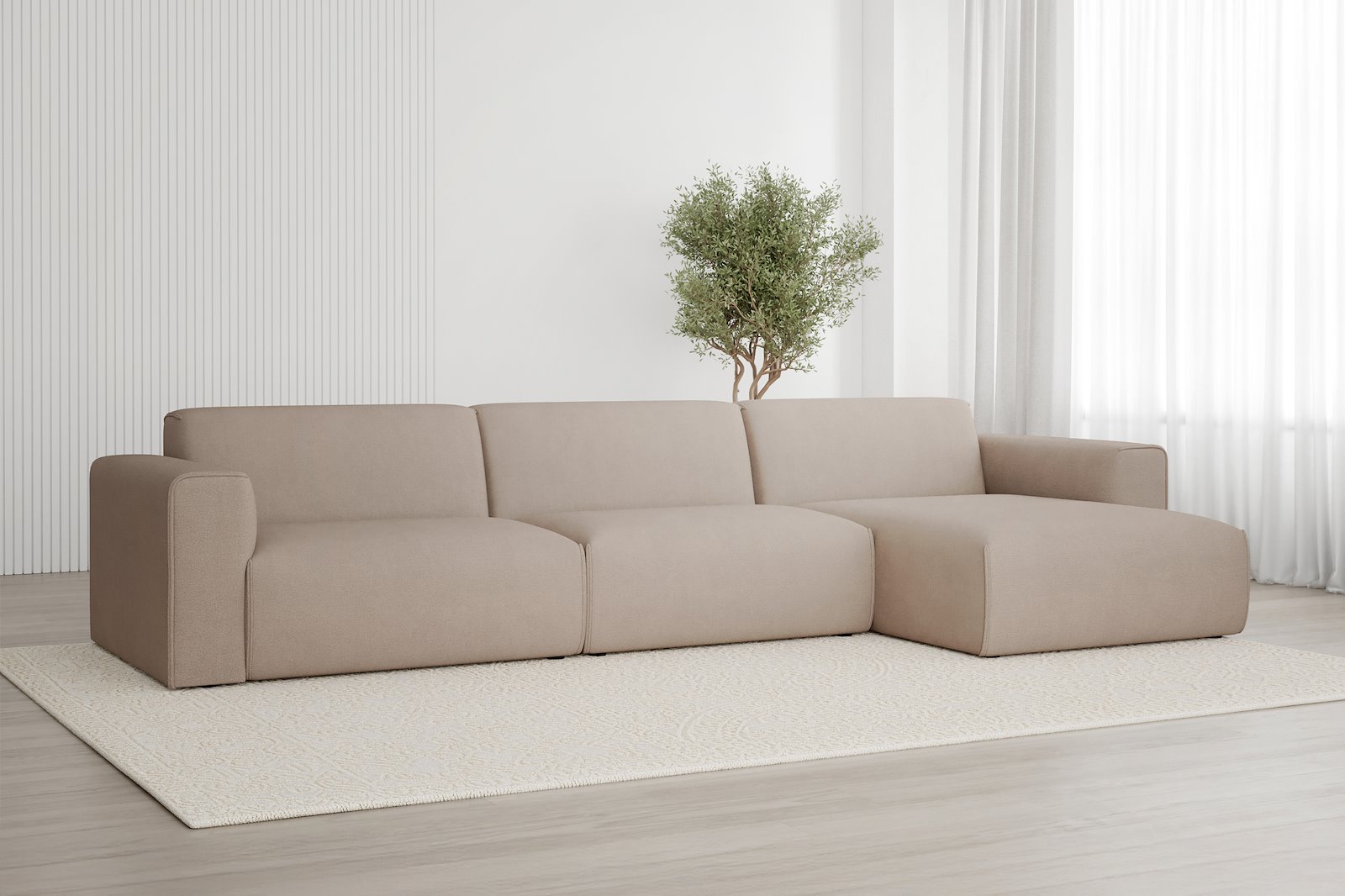 Monaco 3-seter med XL sjeselong høyre Tekstil Brego 34 Light Brown med sorte ben. Std komfort.