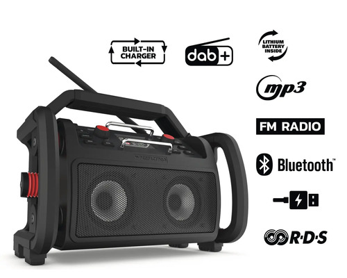 PerfectPro ROCKPRO bouwplaatsradio met DAB+ en FM-ontvangst, Bluetooth, inclusief oplader en geïntegreerde lithiumbatterij, AUX- en USB-ingang, IP65