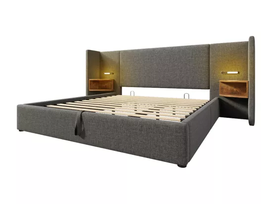 Lit double capitonné (180 x 200) avec tête de lit, liseuse et chargeur USB Type-C, cadre en bois massif et métal, gris, lin (matelas non inclus).