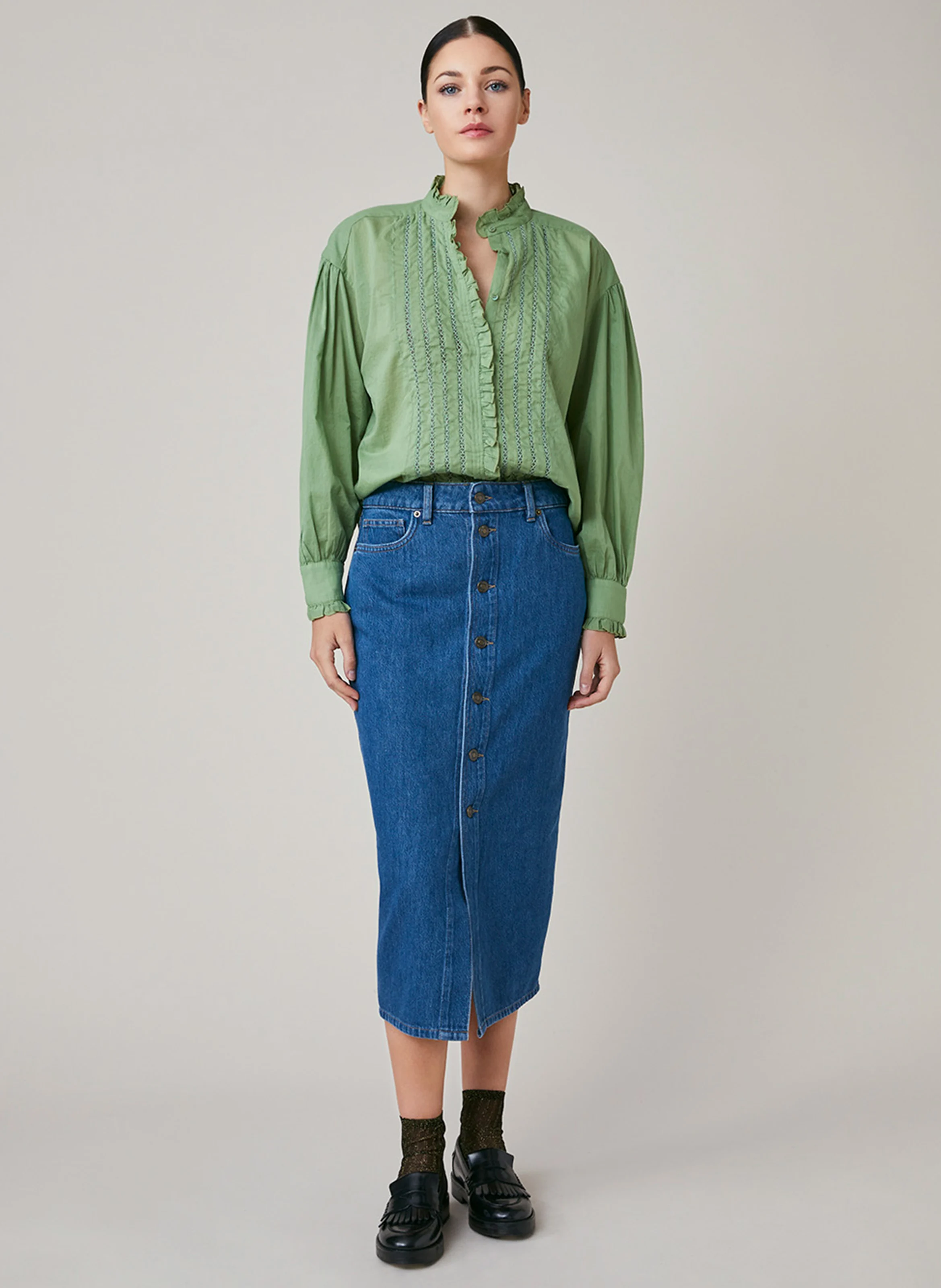FAY - Chemise oversize col victorien en coton | Vert