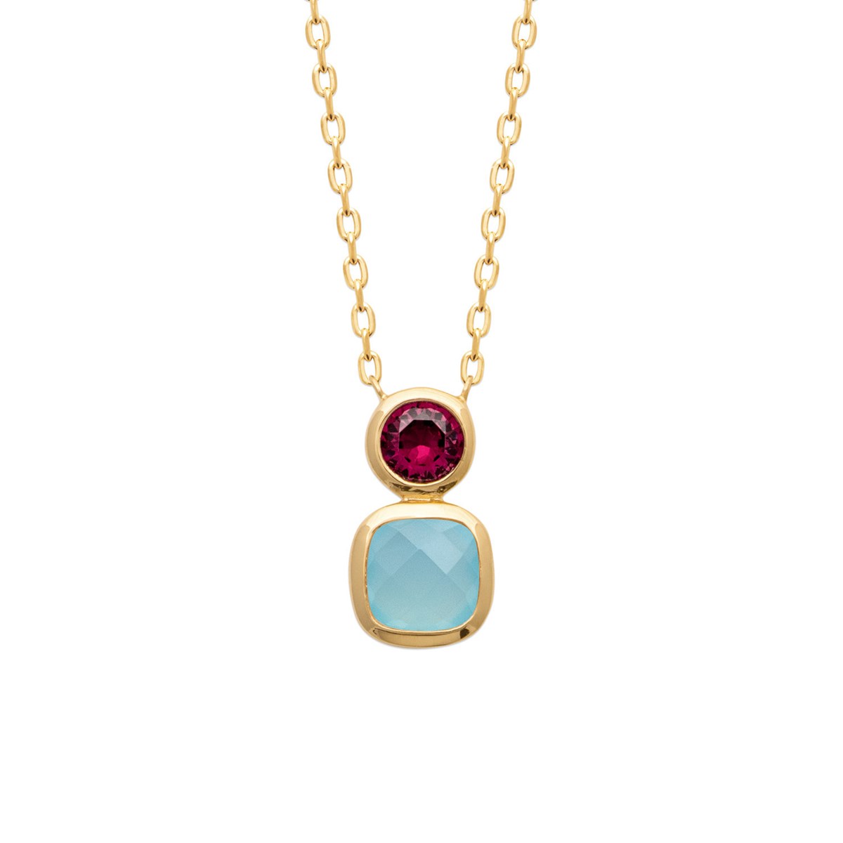Collier Brillaxis plaqué or pendentif bleu et grenat