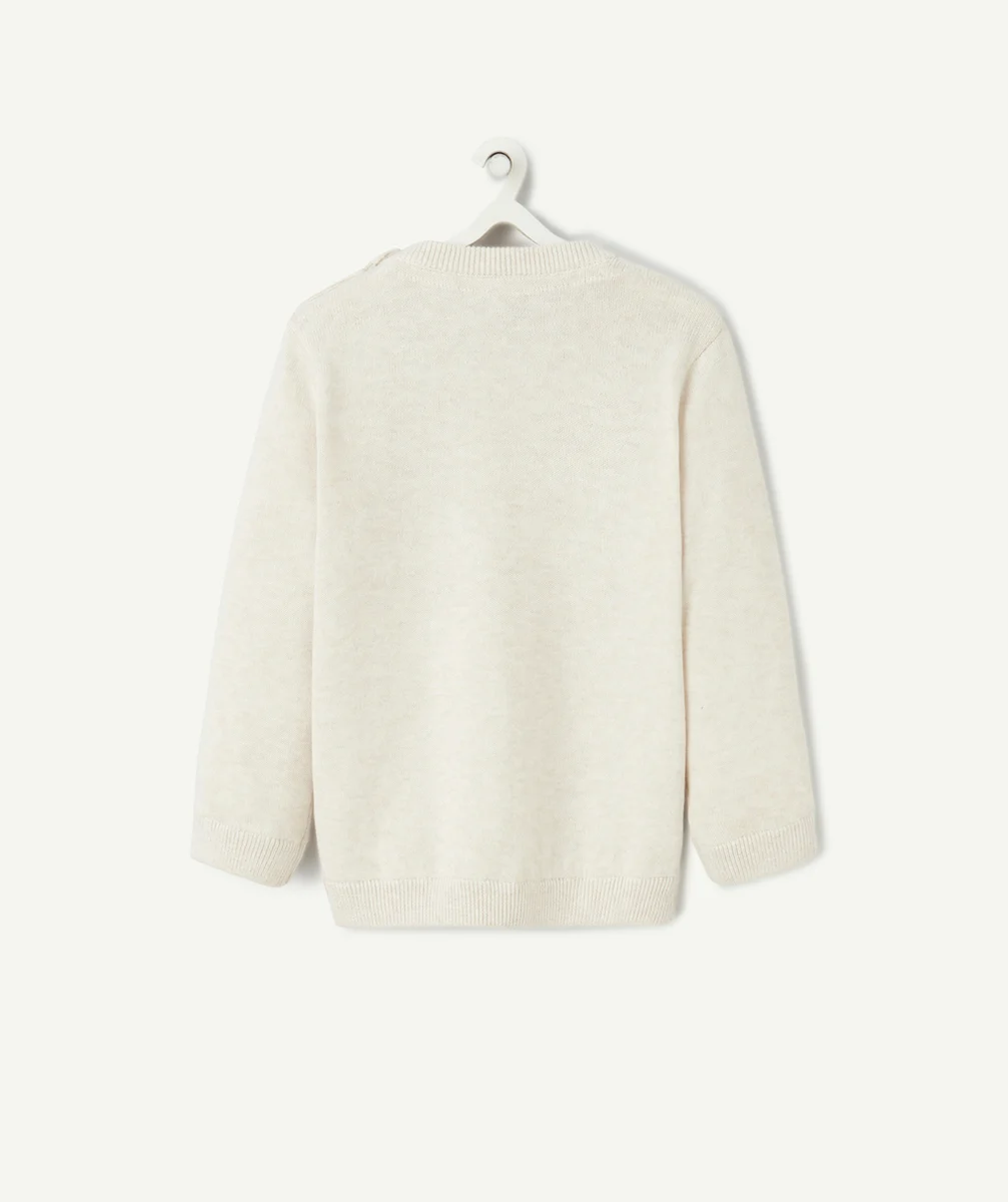PULL TRICOT BÉBÉ GARÇON EN COTON BIO ÉCRU CHINÉ AVEC BRODERIES