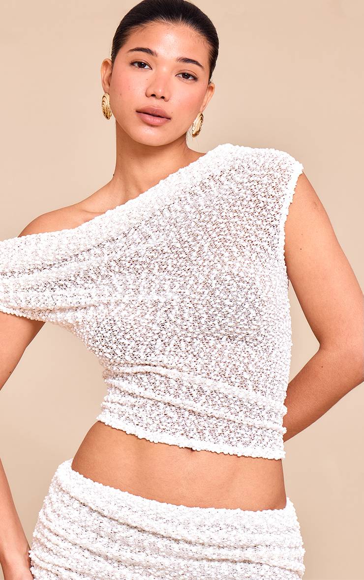 Crème Haut Long Asymétrique Froncé En Maille À Pompons
