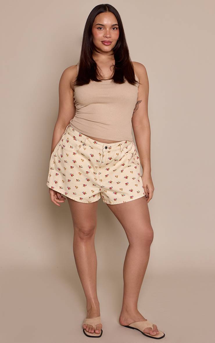 Crème Short Mom En Jean Taille Haute Imprimé Fleuri Ditsy Grande Taille