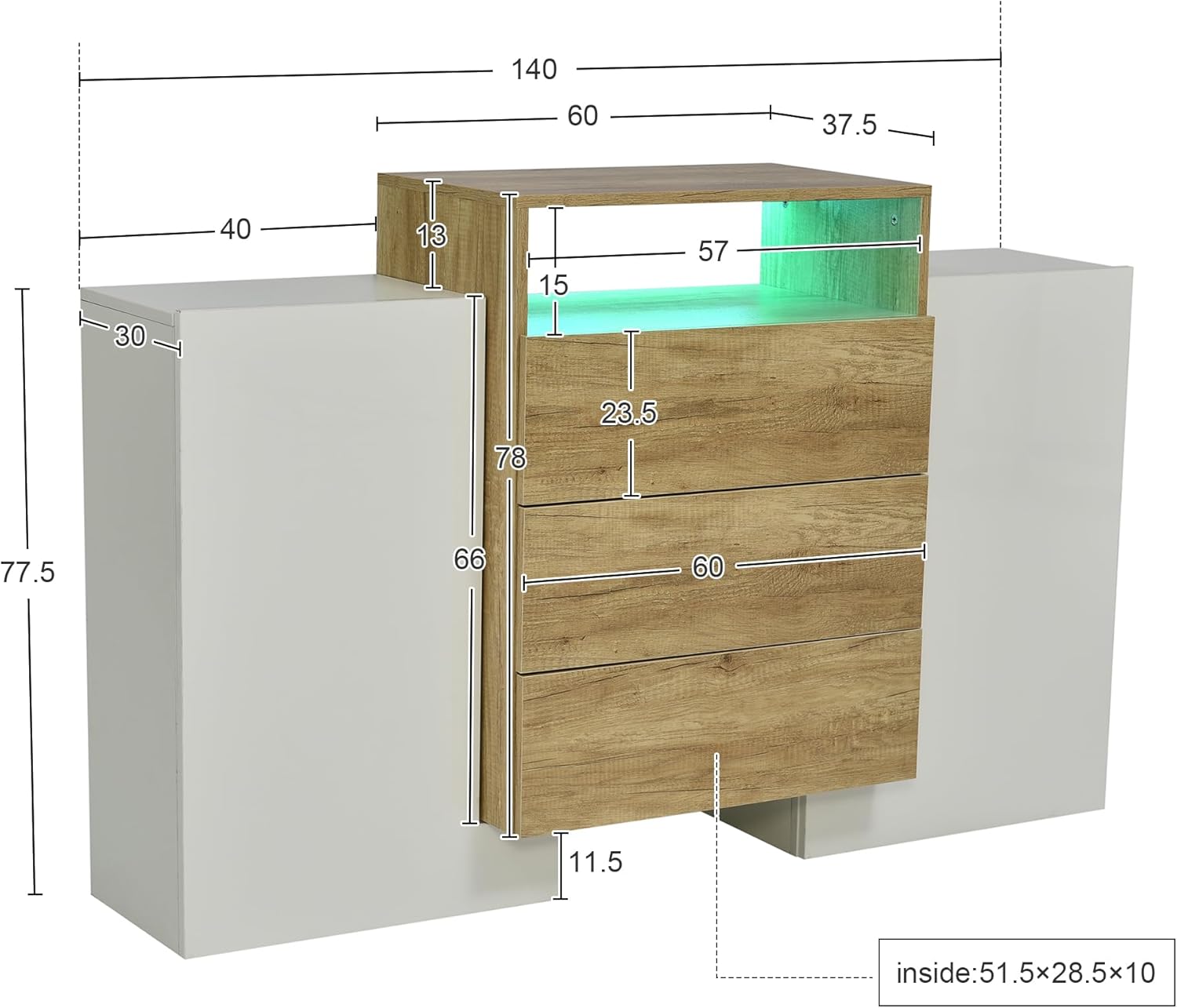 Moimhear Sideboard, Kommode, 140x30x77.5cm, Hochglanz-Weiß und Holzfarbe, LED-Lichteffekte, Teilweise glänzende Oberfläche