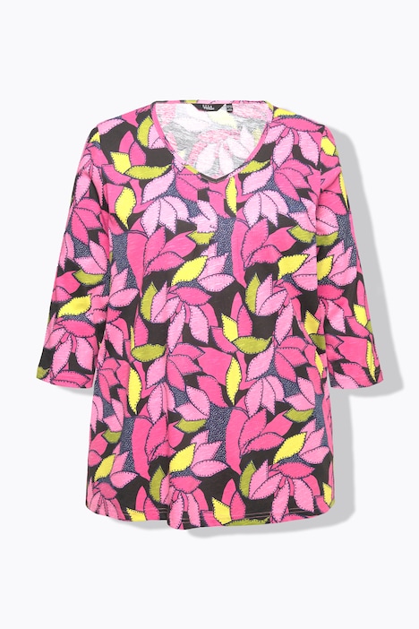 Shirt, Blätter, A-Linie, V-Ausschnitt, 3/4-Arm