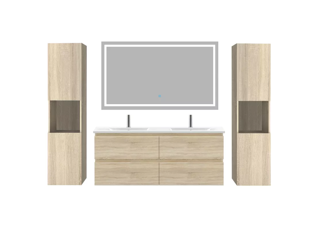 Ensemble muebles Salle De Bain 120cm 4 tiroirs double vasque + colonne + miroir LED Chêne Wotan 5pcs - Aica