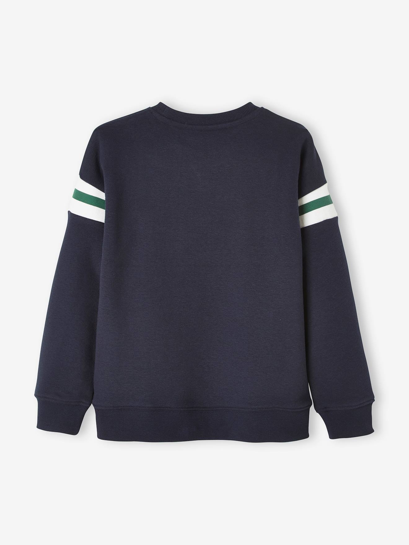 Moletom infantil masculino com estampa gráfica, azul escuro liso com padrões.