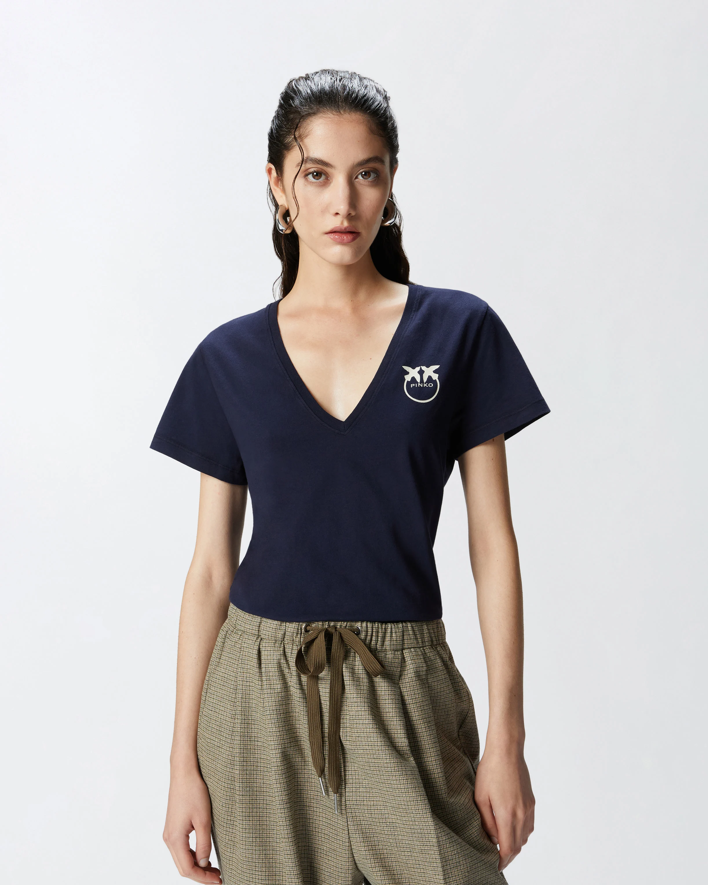 T-shirt col v à logo imprimé | Bleu