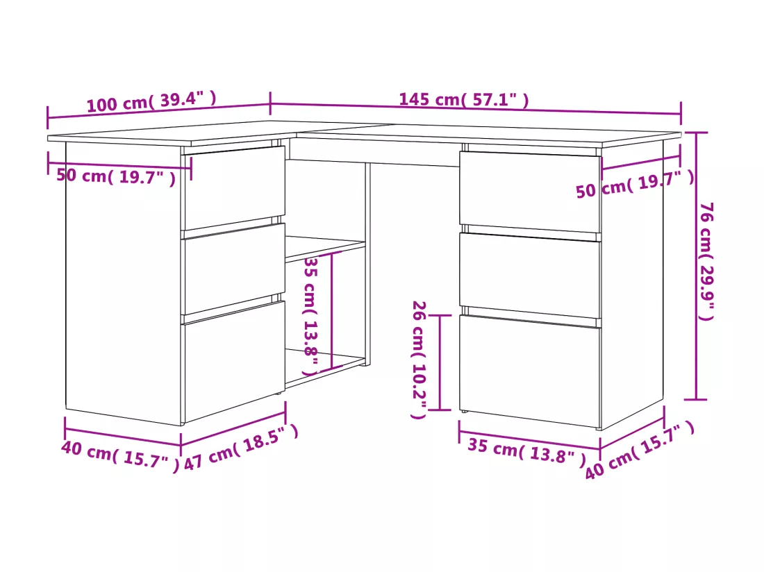 Bureau d'angle Blanc brillant 145x100x76 cm Aggloméré