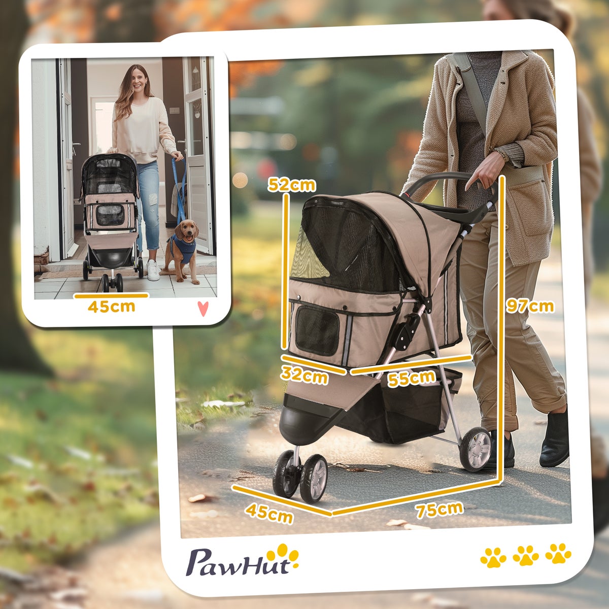 PawHut Hondenbuggy, 75L x 45B x 97H cm, 600D Oxford, Nylon Mesh, Koffiebruin + Zilver