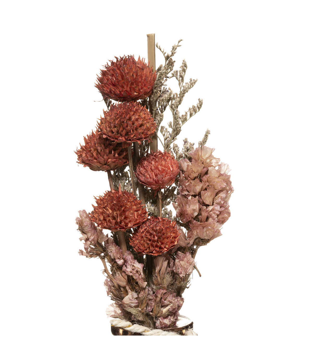 Composition de fleurs séchées vase en verre h 28 cm