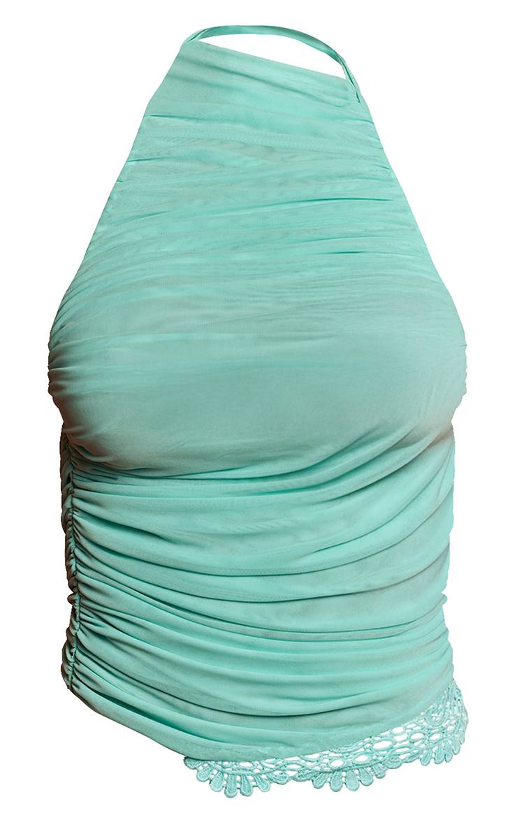 Bleu Aqua Haut Col Montant En Mesh Froncé