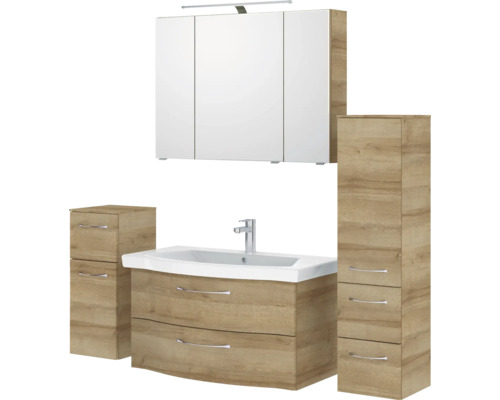 Pelipal Sunline 114 badkamermeubelset, BxHxD 160 x 200 x 51,5 cm, frontkleur: Riviera eiken, 5-delige badkamermeubelset en meer, inclusief witte keramische wastafel en badmeubel, spiegelkast met LED-verlichting, onderkast, wandkast