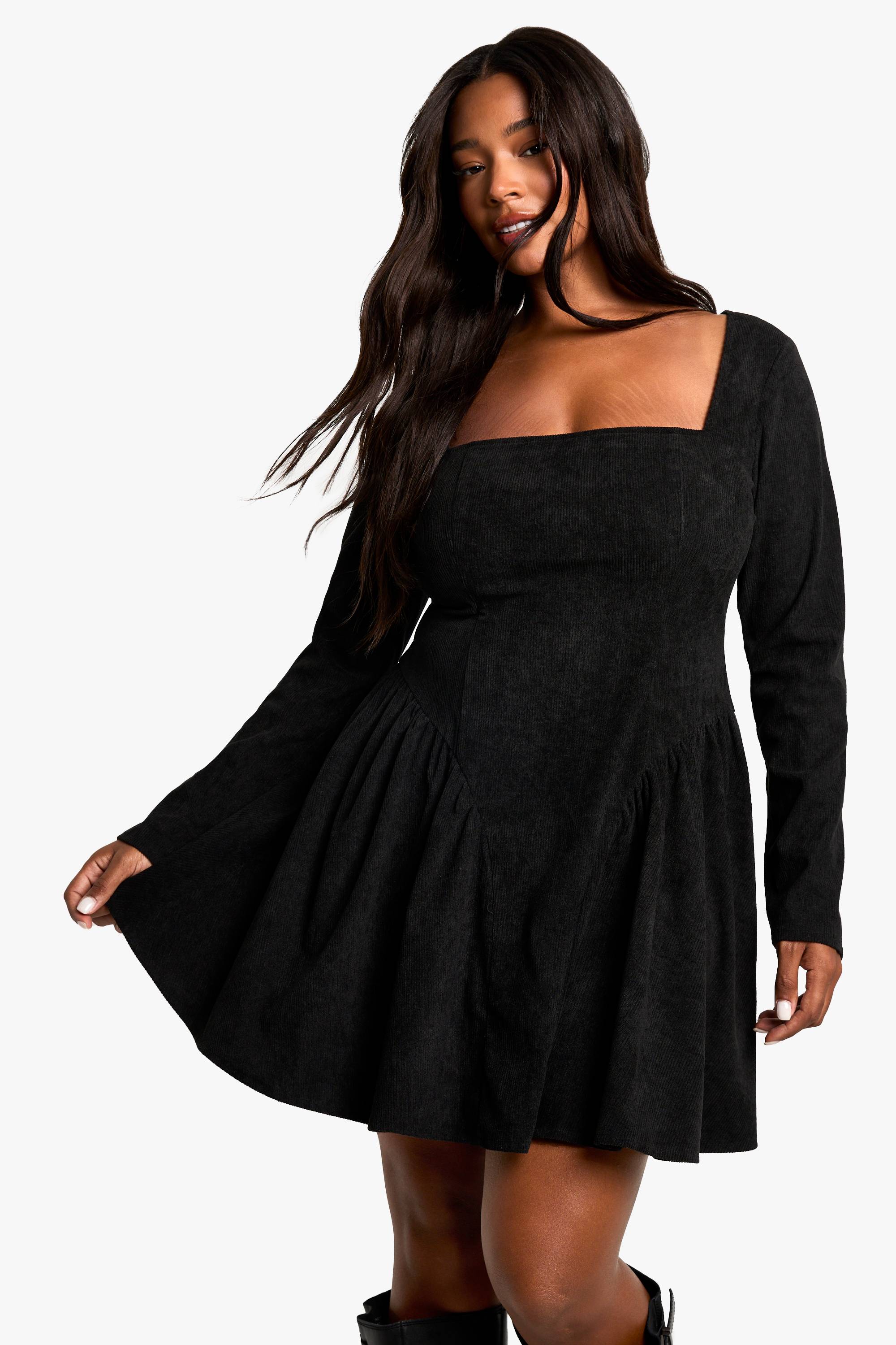 boohoo Robe skater milkmaid en velours côtelé grande taille