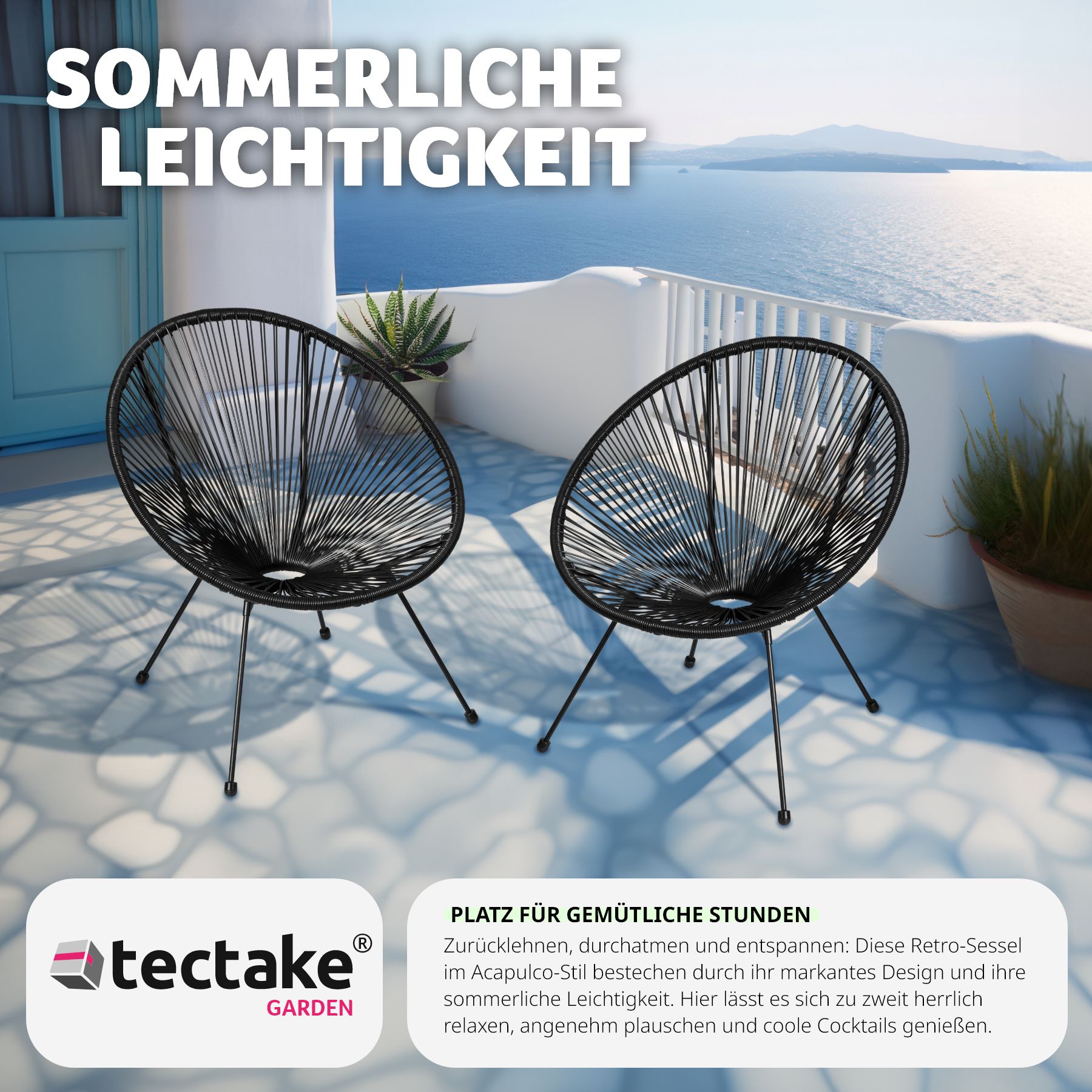 tectake® 2er Set Gartenstuhl, Retro-Design im Acapulco-Stil, filigranes Gestell, Belastbarkeit 120 kg, 70,5 x 69 x 78 cm