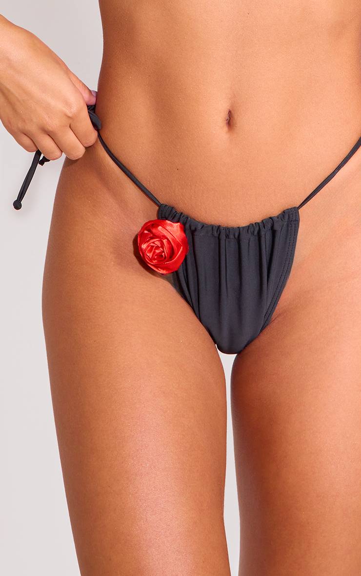 Noir Bas De Bikini À Liens Latéraux Avec Bordure Florale Contrastée
