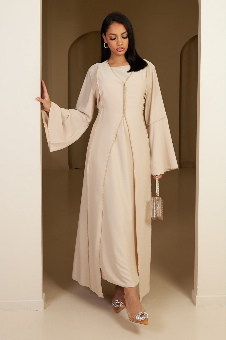 Ensemble 2 pièces abaya + gilet à enfiler beige et doré