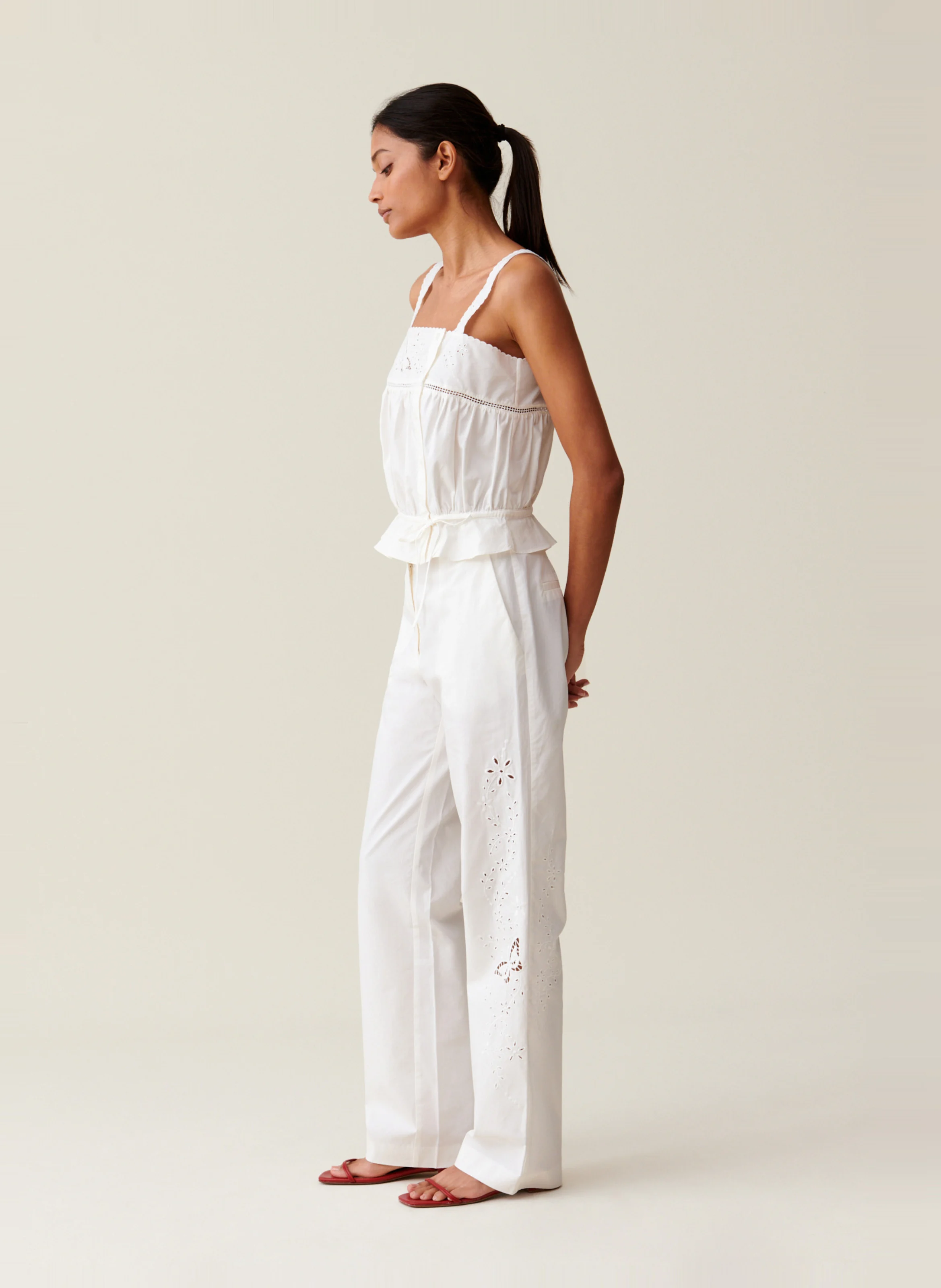 Pantalon droit brodé en coton | Blanc