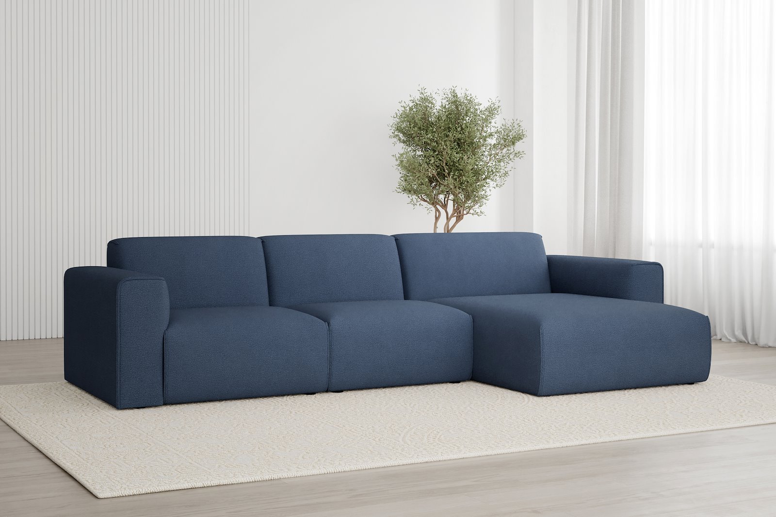 Monaco Lux 2,5-seter med XL sjeselong høyre Tekstil Brego 86 Blue med sorte ben. Lux komfort.