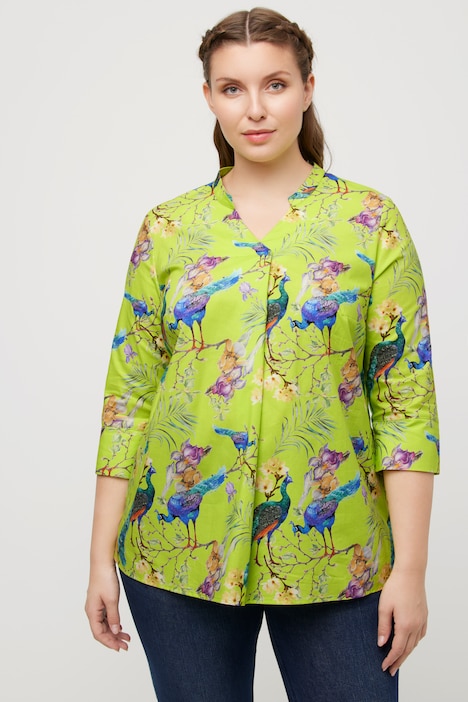 Bluse, Pfauen, Stehkragen, V-Ausschnitt, 3/4-Arm
